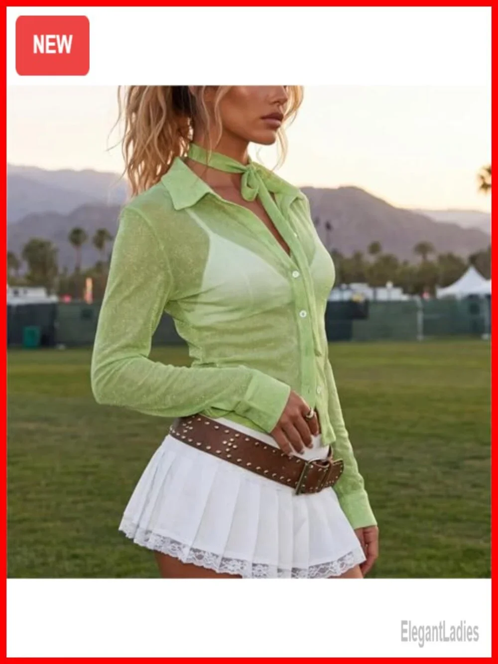 Sheer Mesh Glitter Button Down Shirt Y2K Long Sleeve Blouse with Scarf See